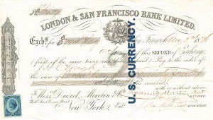 London and San Francisco Bank Limited - U.S. Currency Overprint - Drexel, Morgan & Co.