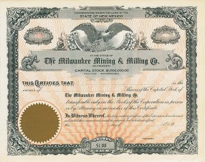 Milwaukee Mining and Milling Co. - New Mexico Unissued Stock Certificate