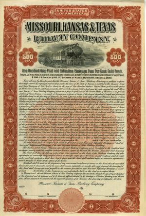 Missouri, Kansas and Texas Railway Co. - "The Katy" - Specimen Railroad Bond