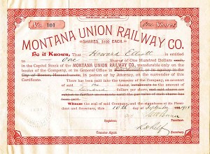 Montana Union Railway Co. - Railroad Stock Certificate - Branch Line of the Northern Pacific Railroad