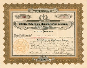 Mutual Motors and Manufacturing Co. - Stock Certificate
