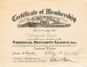 National Security League Membership Certificate - WWI