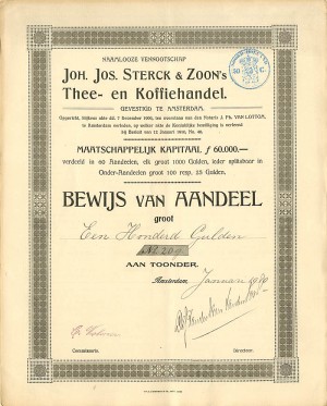 Joh. Jos. Sterck and Zoon's Thee- en Koffiehandel - Stock Certificate