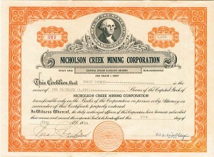 Nicholson Creek Mining Corporation - Stock Certificate