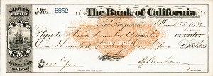 Bank of California - 1870's dated Check