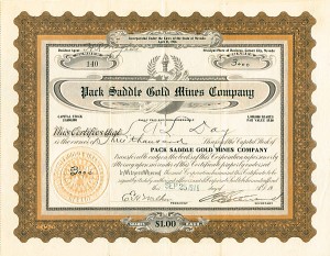 Pack Saddle Gold Mines Co. - Stock Certificate