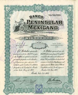 "Twin Ladies" Banco Peninsular Mexicano - Stock Certificate