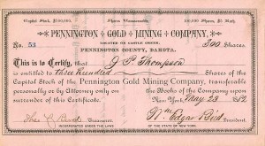 Pennington Gold Mining Co. - Castle Creek, Pennington County, Dakota Territory - 1882 dated Stock Certificate