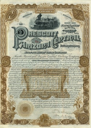 Prescott and Arizona Central Railway Co. - 1885 dated $1000 Arizona Railroad Bond (Uncanceled)