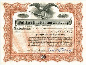 Walter Pulitzer - Pulitzer Publishing Co. - Stock Certificate (Uncanceled)