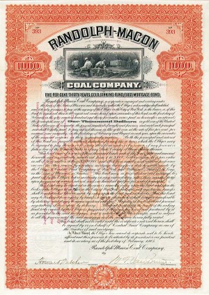 Randolph-Macon Coal Co. - 1905 dated $1,000 Missouri Mining Bond (Uncanceled)