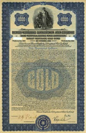 Rhine-Westphalia Electric Power Corp. 7% Uncancelled $1000 Bond of 1925