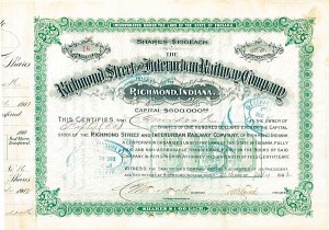Richmond Street and Interurban Railway of Richmond, Indiana - Stock Certificate