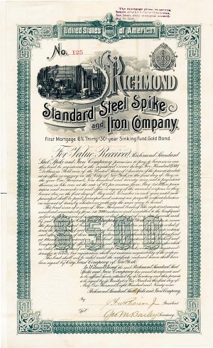 Richmond Standard Steel Spike and Iron Co. - 1899 dated $500 Steel and Iron Bond (Uncanceled)