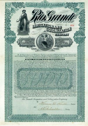 Rio Grande Irrigation and Colonization Co. - 1889 dated $1,000 New Mexico Territory Bond