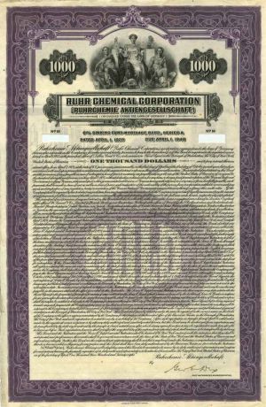 Ruhr Chemical Corporation 6% Uncancelled $1000 Bond of 1928