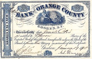 Bank of Orange County, Goshen, NY - Stock Certificate