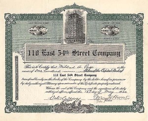 118 East 54th Street Co. - New York City Stock Certificate