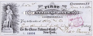 First National Bank Cooperstown, NY - 1890's dated Check - Baseball Hall of Fame