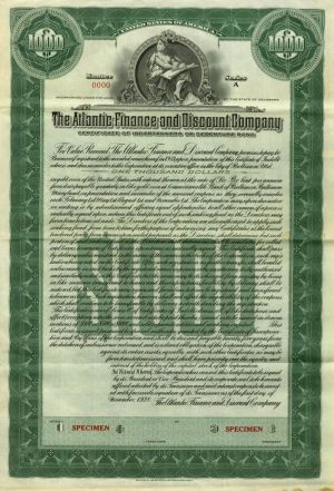 Atlantic Finance and Discount Co. - 1928 dated $1,000 Specimen Bond