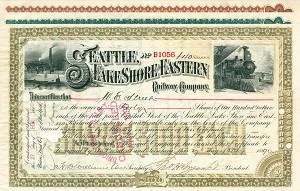Seattle, Lake Shore and Eastern Railway Co. - 1887-1896 dated Railroad Stock Certificate - Branch Line of the Northern Pacific Railroad