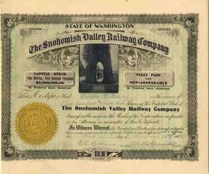 Snohomish Valley Railway Co. - Stock Certificate