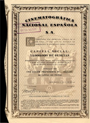 Cinematografica Nacional Espanola S.A. - Stock Certificate