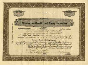 Stenshaw - on- Klamath Gold Mining Corporation - Stock Certificate