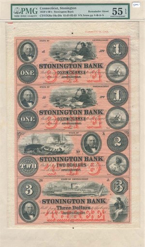 Stonington Bank - Uncut Obsolete Sheet - Broken Bank Notes - PMG Graded