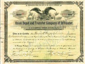 Union Depot and Transfer Co. of Stillwater - Stock Certificate