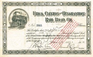 Utica, Clinton and Binghamton Railroad Co. - Stock Certificate (Uncanceled)