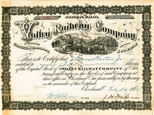 J. H. Wade - Valley Railway Co - Stock Certificate