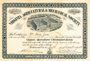 Virginia Agricultural and Mechanical Society - Stock Certificate