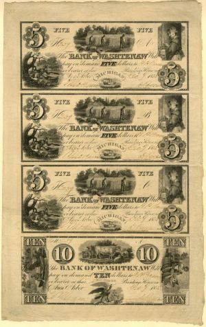 Millers Bank of Washtenaw - Uncut Obsolete Sheet - Broken Bank Notes - Washtenaw County, Michigan - SOLD