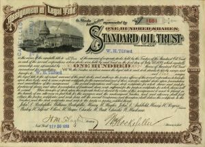 Standard Oil Trust Stock Certificate issued to & signed by Wesley Hunt Tilford also signed by H. M. Flagler and William Rockefeller