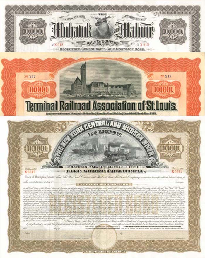 Group of three $10,000 Railroad Bonds