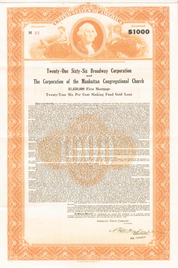 Twenty-One Sixty-Six Broadway Corporation and The Corporation of the Manhattan Congregation Church - $1,000 or $500 Bond (Uncanceled)