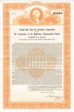 Twenty-One Sixty-Six Broadway Corporation and The Corporation of the Manhattan Congregation Church - $1,000 or $500 Bond (Uncanceled)