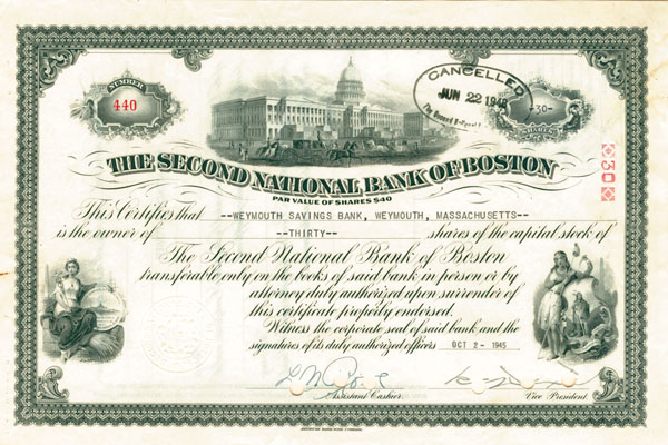 Second National Bank of Boston - Stock Certificate