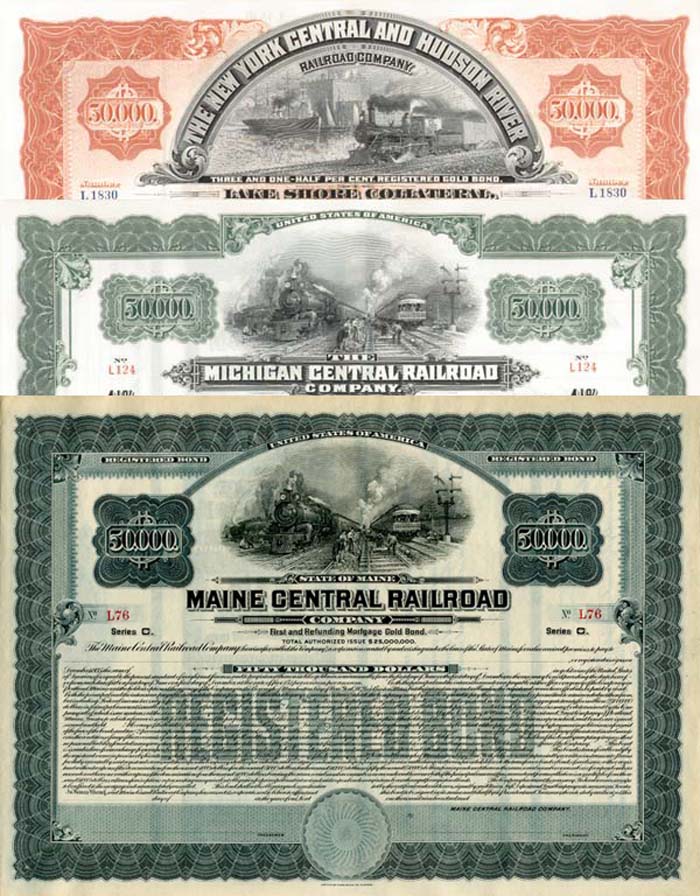 Group of three $50,000 Railroad Bonds