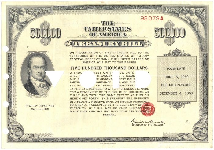 $500,000 United States Treasury Bill issued June 5, 1969 - Five Hundred Thousand Dollar Treasury Bill