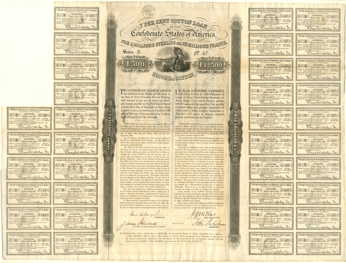 Confederate Cotton Loan Bond signed by John Slidell - 1863 dated £500 British Pounds Bond