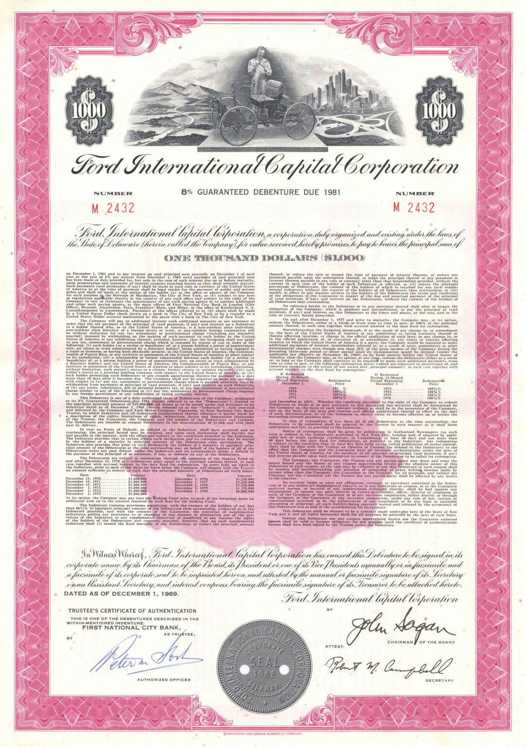 Ford International Capital Corp. - 1969 dated $1,000 Automotive Bond - Famed Co. from Ford vs. Ferrari Movie