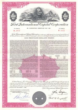 Ford International Capital Corp $1,000 Bond dated 1969 - Famed Co. from Ford vs. Ferrari Movie