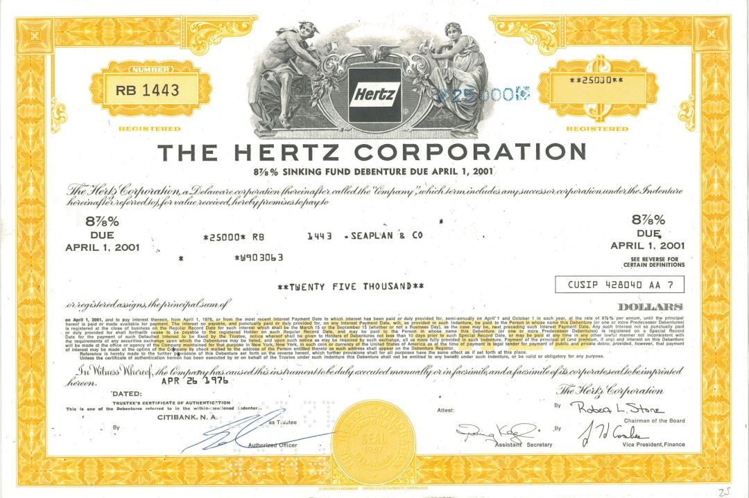 Hertz Corporation - 1970's dated Rental Car Company Bond - Various Denominations Available