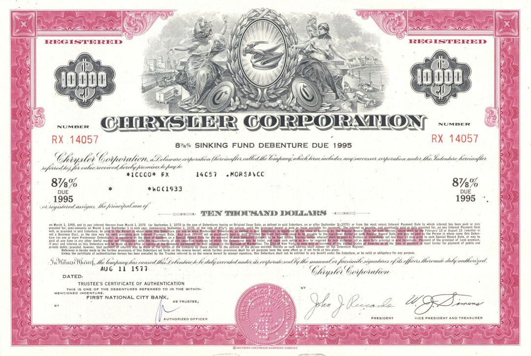 Chrysler Corporation - 1970's-80's dated Famous Automotive Co. Bond - Various Denominations Available