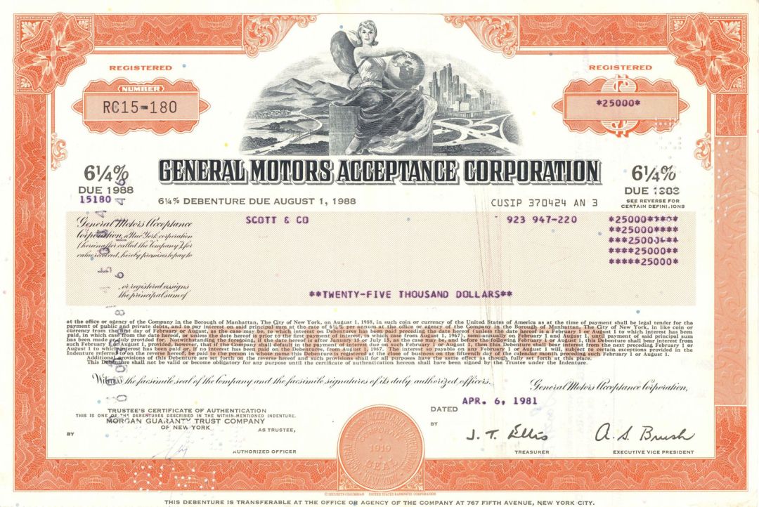 General Motors Acceptance Corporation - 1980's dated Autmotive Bond - Available in Orange, Brown or Green - Please Specify Color Needed