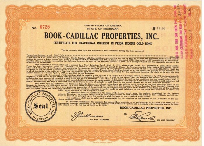 Book-Cadillac Properties, Inc. - 1932 dated Gold Automive Related Bond