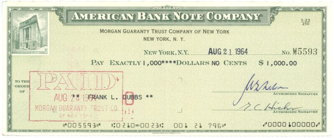 American Bank Note Co. 1964 dated Check - ABN - Americana