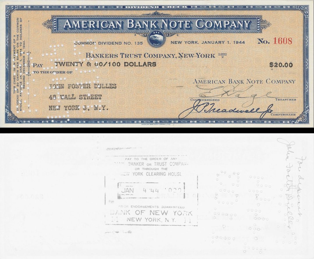 American Bank Note Company Check signed by John Foster Dulles - American Bank Note Company
